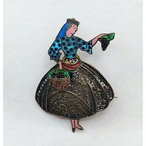 Vtg Topazio Enamel & Sterling Silver Filigree Brooch Portugal Girl Lady Grapes